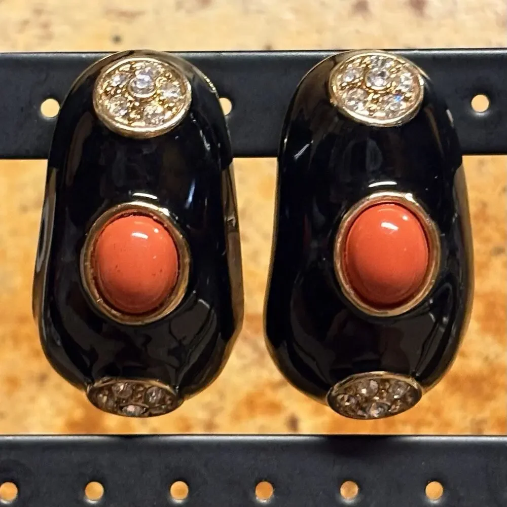 Scaasi 1980's Clip On Earrings Black Enamel, Rhinestones & Coral w/ Gold Vintage